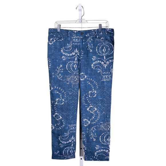 Ralph Lauren Women's Chino Pants Blue Ivory Floral Geometric Cuffed Chambray 14 - Picture 1 of 9